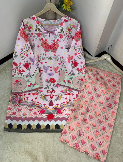 2 Pcs Women's Stitched Lawn Printed Shirt And Trouser - Pink
