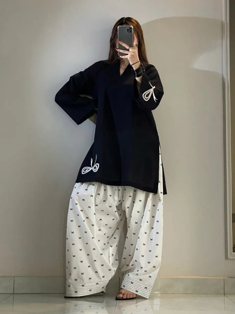 Bow Embroidered Farshi Shalwar 2 Piece Suit for Women | Cotton Embroidered Shirt & Farshi Shalwar