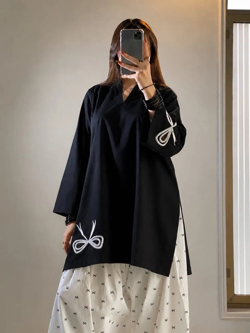 Bow Embroidered Farshi Shalwar 2 Piece Suit for Women | Cotton Embroidered Shirt & Farshi Shalwar
