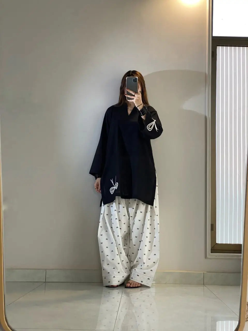 Bow Embroidered Farshi Shalwar 2 Piece Suit for Women | Cotton Embroidered Shirt & Farshi Shalwar