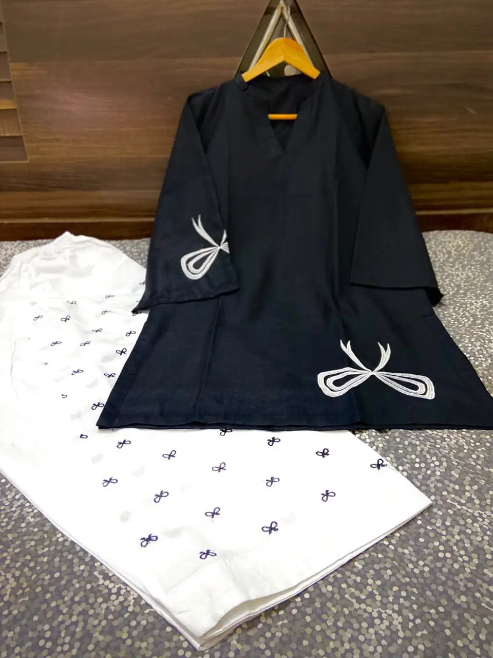 Bow Embroidered Farshi Shalwar 2 Piece Suit for Women | Cotton Embroidered Shirt & Farshi Shalwar