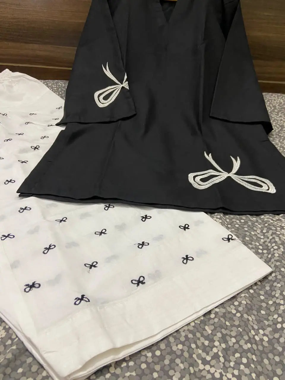 Bow Embroidered Farshi Shalwar 2 Piece Suit for Women | Cotton Embroidered Shirt & Farshi Shalwar