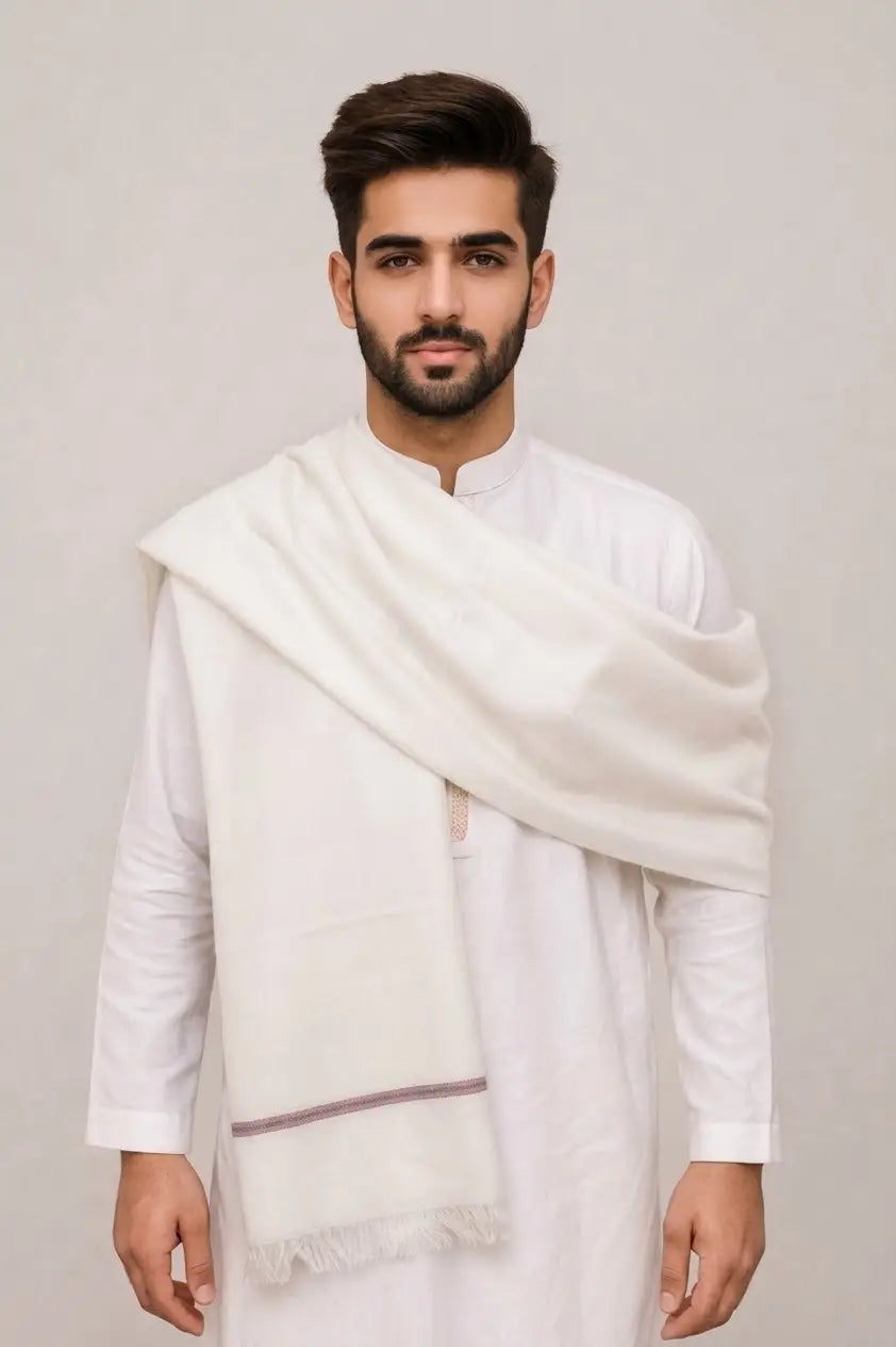 Men's Winter Wool Pashmina Shawl 2.5 Yards - White