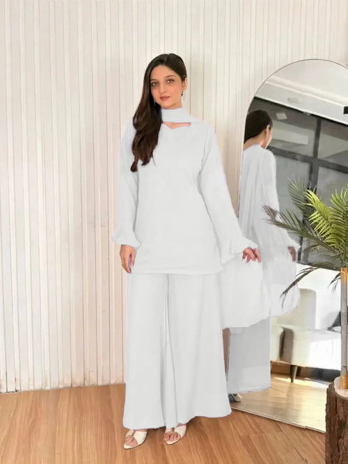 Women's Chiffon Short Shirt Palazzo 3 Piece Suit – Body Fitting Short Shirt with Back Luppi Dori Work, Chiffon Palazzo & Plain Dupatta | Pakistani Stitched Dress