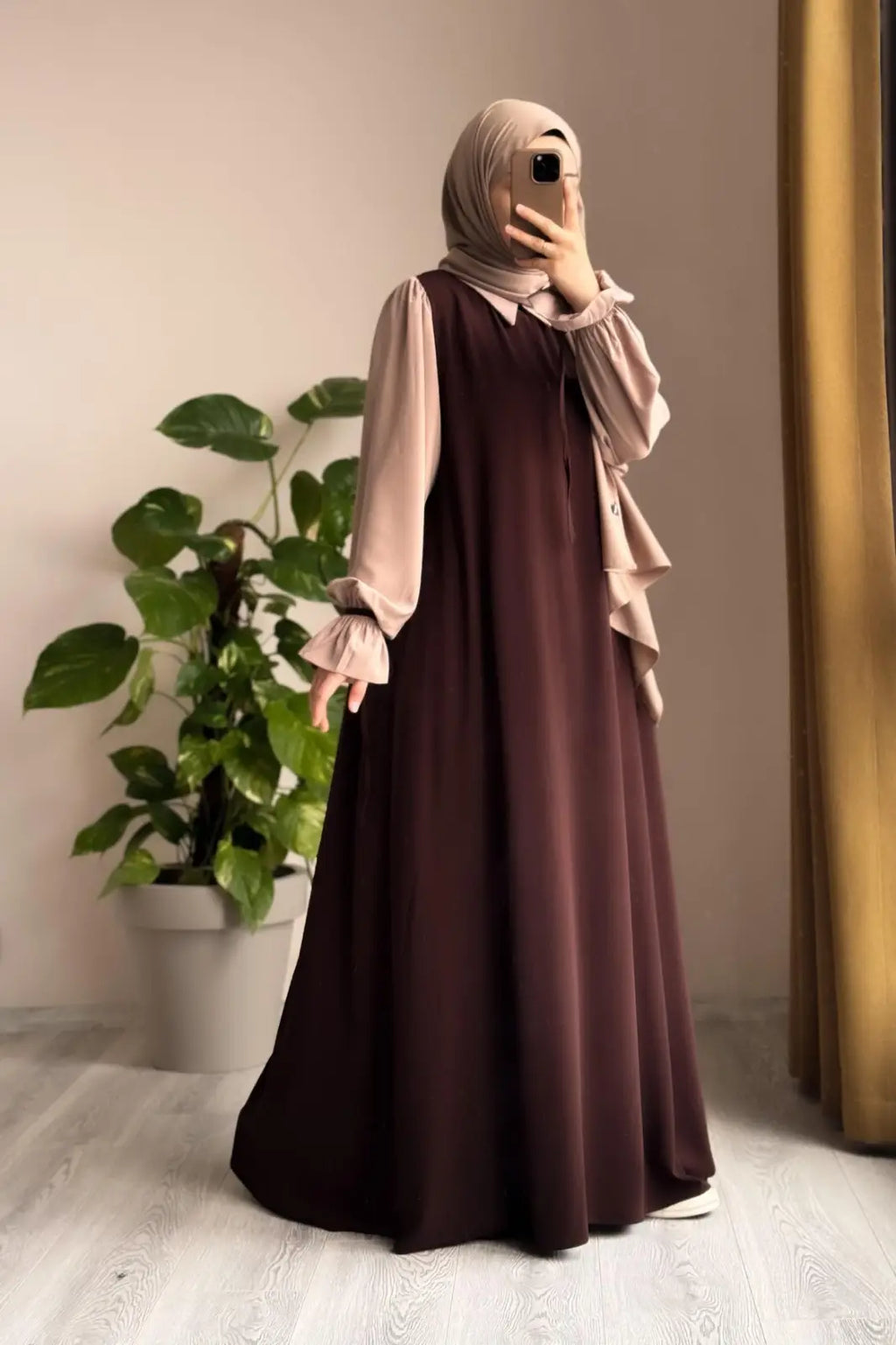 Abaya for Women with Belt & Stroller | Collar Abaya in Soft Wool Peach Fabric | Ready to Wear Abaya - Brown