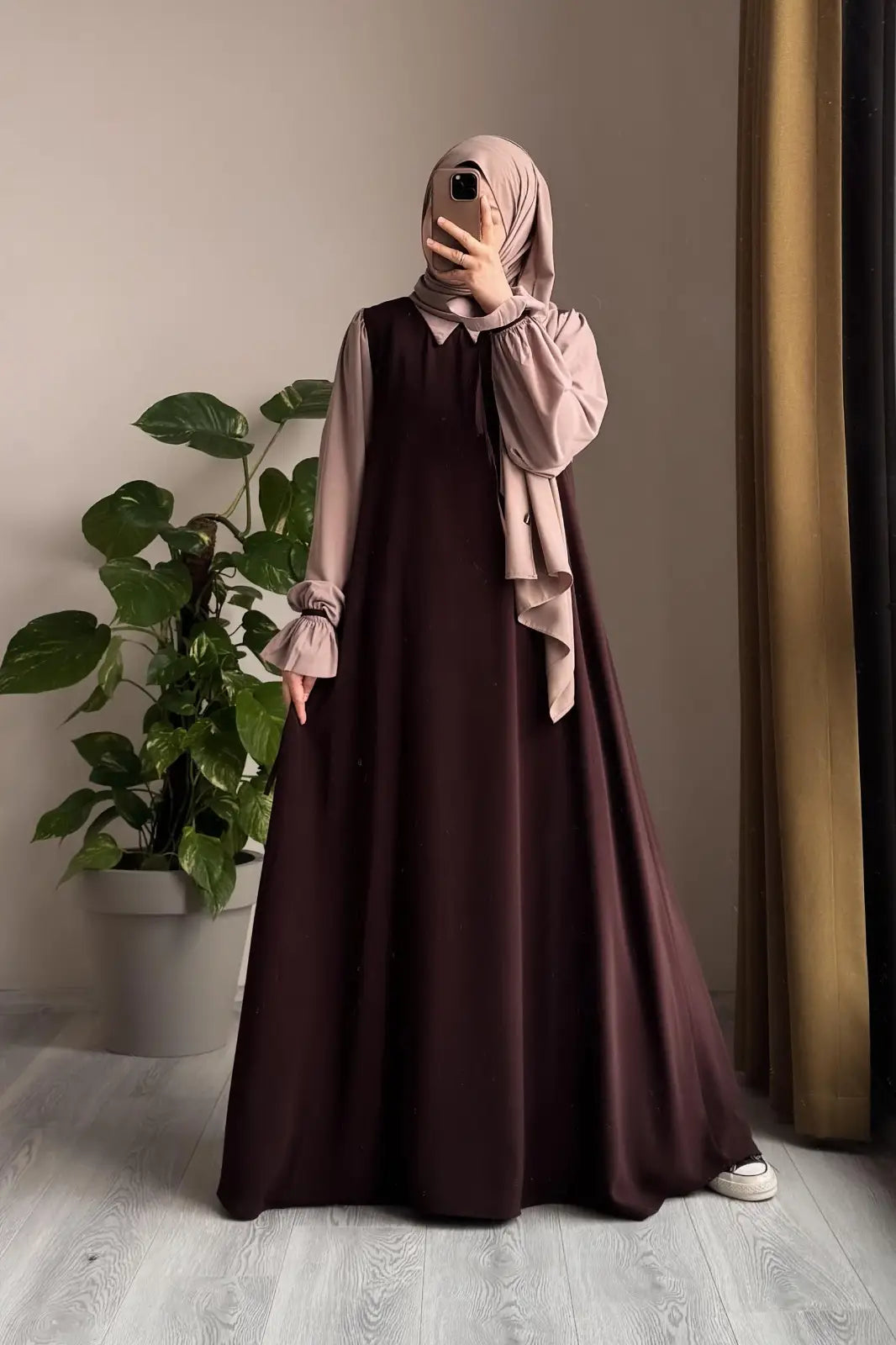 Abaya for Women with Belt & Stroller | Collar Abaya in Soft Wool Peach Fabric | Ready to Wear Abaya - Brown