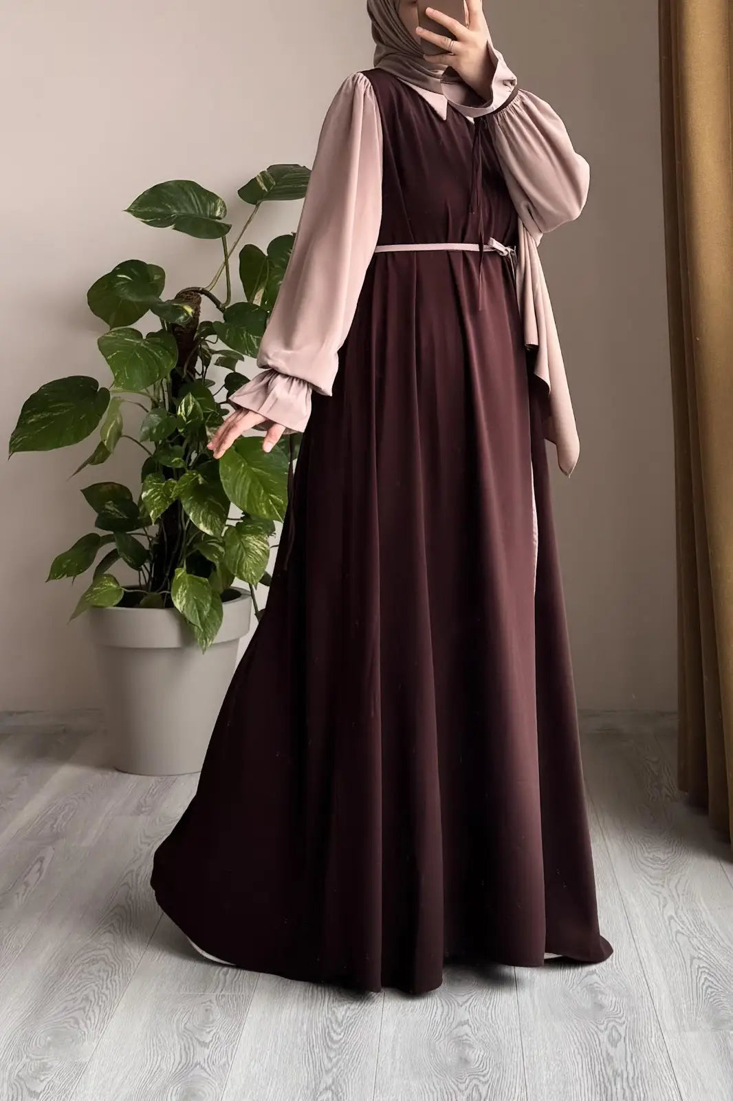 Abaya for Women with Belt & Stroller | Collar Abaya in Soft Wool Peach Fabric | Ready to Wear Abaya - Brown