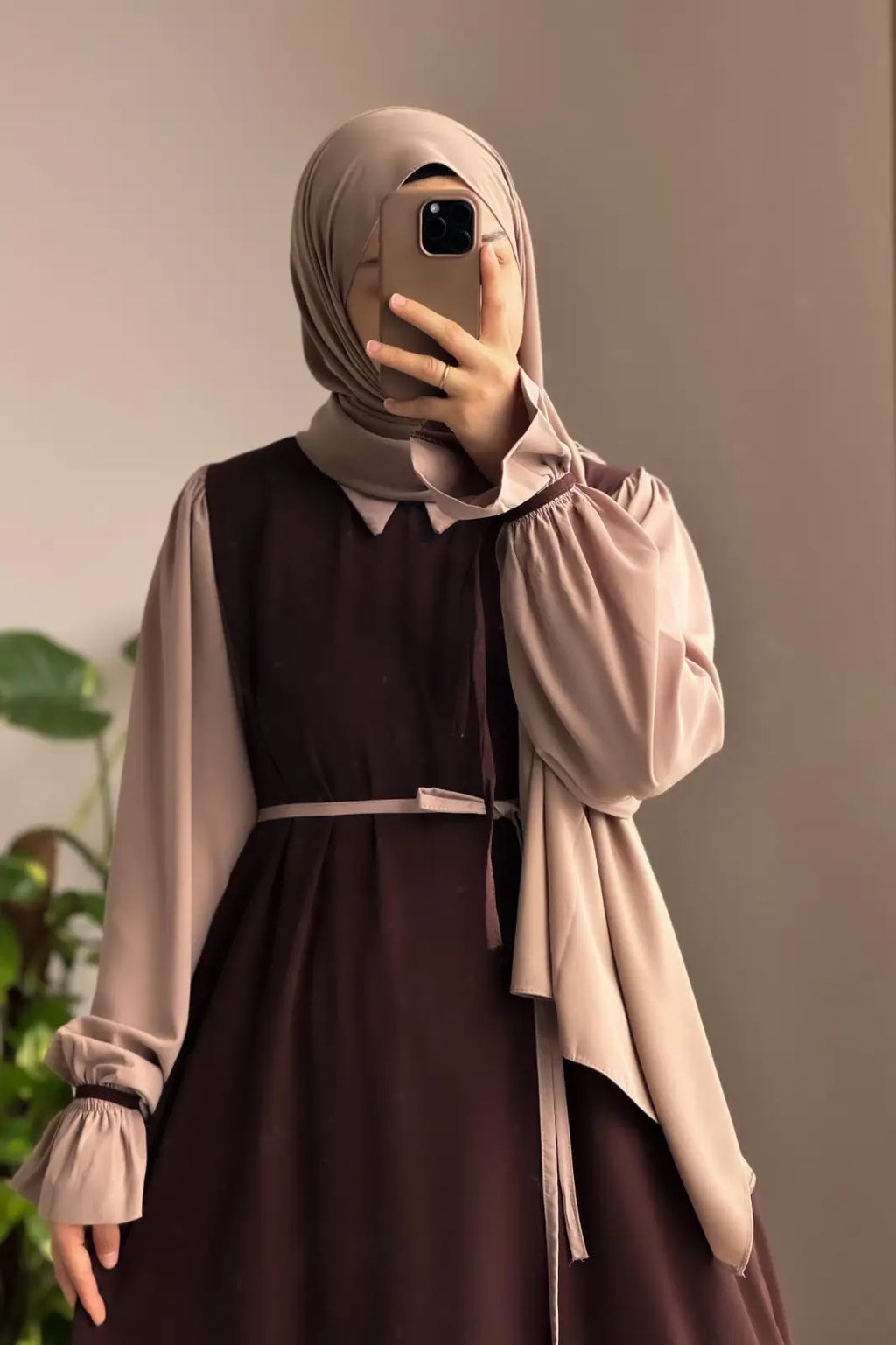 Abaya for Women with Belt & Stroller | Collar Abaya in Soft Wool Peach Fabric | Ready to Wear Abaya - Brown