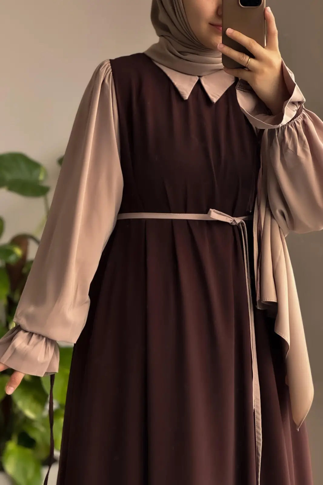 Abaya for Women with Belt & Stroller | Collar Abaya in Soft Wool Peach Fabric | Ready to Wear Abaya - Brown
