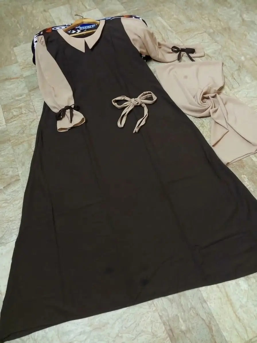Abaya for Women with Belt & Stroller | Collar Abaya in Soft Wool Peach Fabric | Ready to Wear Abaya - Brown