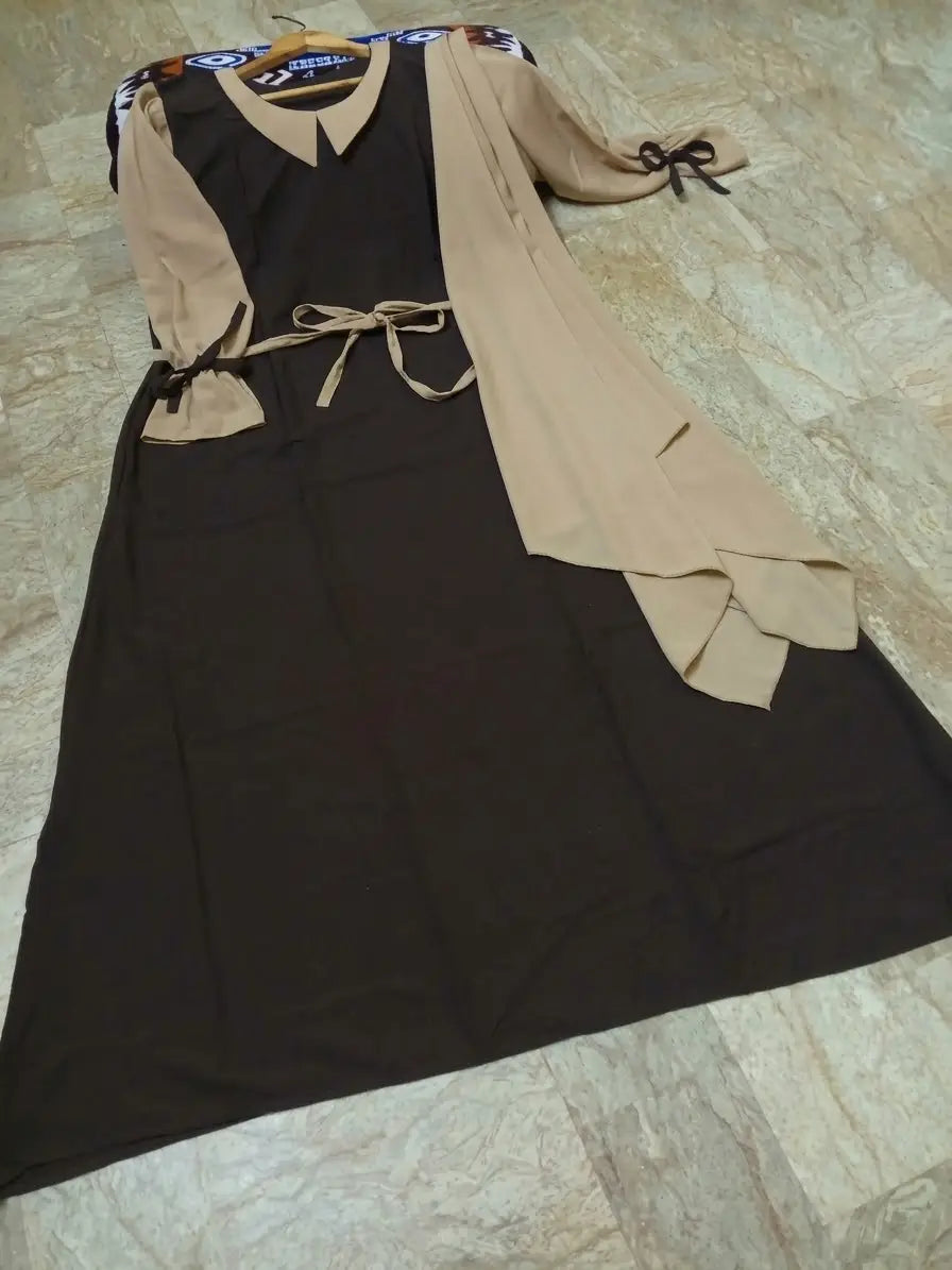 Abaya for Women with Belt & Stroller | Collar Abaya in Soft Wool Peach Fabric | Ready to Wear Abaya - Brown