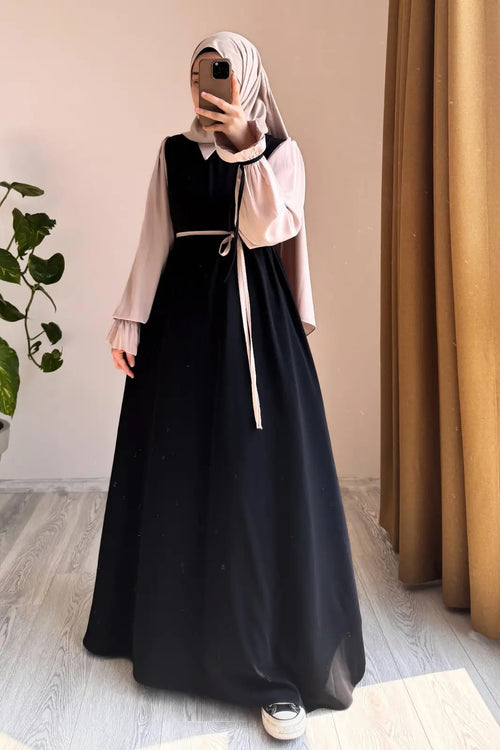 Abaya for Women with Belt & Stroller | Collar Abaya in Soft Wool Peach Fabric | Ready to Wear Abaya - Black