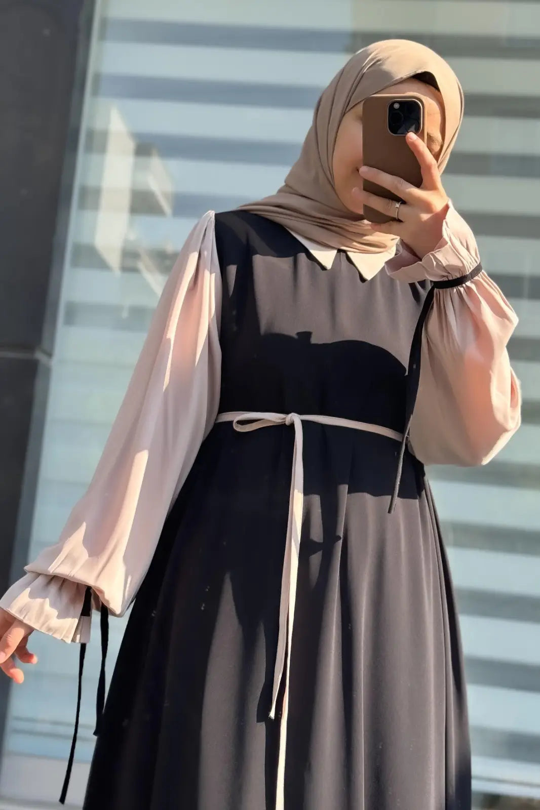 Abaya for Women with Belt & Stroller | Collar Abaya in Soft Wool Peach Fabric | Ready to Wear Abaya - Black