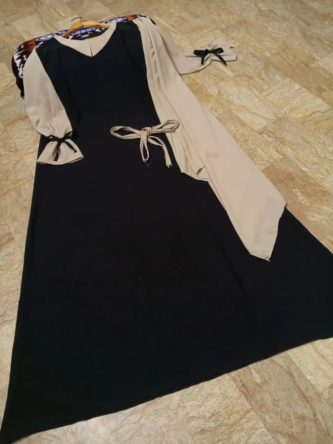 Abaya for Women with Belt & Stroller | Collar Abaya in Soft Wool Peach Fabric | Ready to Wear Abaya - Black