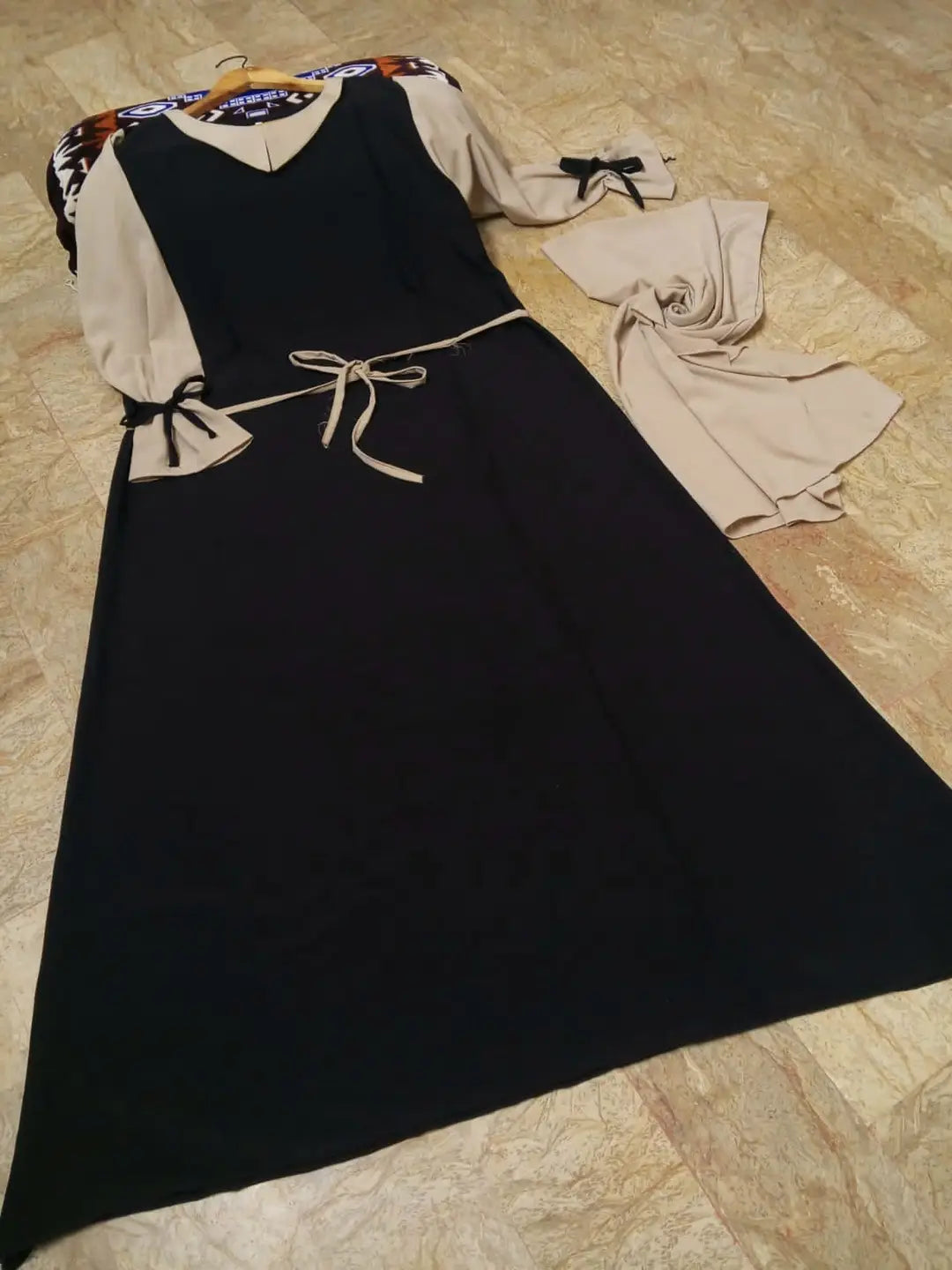Abaya for Women with Belt & Stroller | Collar Abaya in Soft Wool Peach Fabric | Ready to Wear Abaya - Black