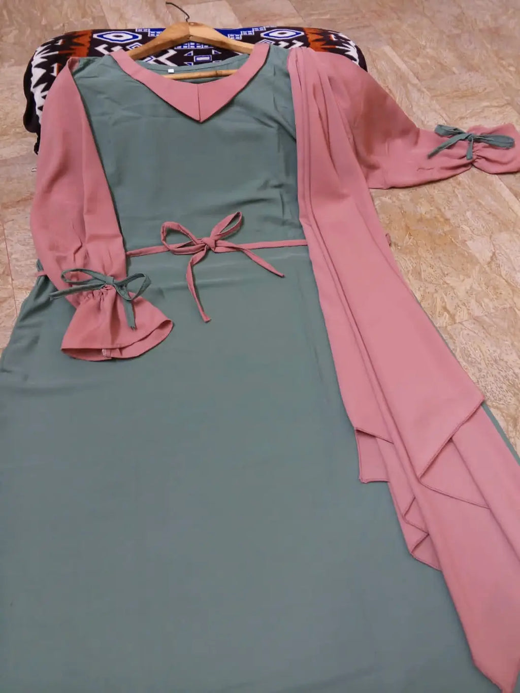 Abaya for Women with Belt & Stroller | Collar Abaya in Soft Wool Peach Fabric | Ready to Wear Abaya - Light Green