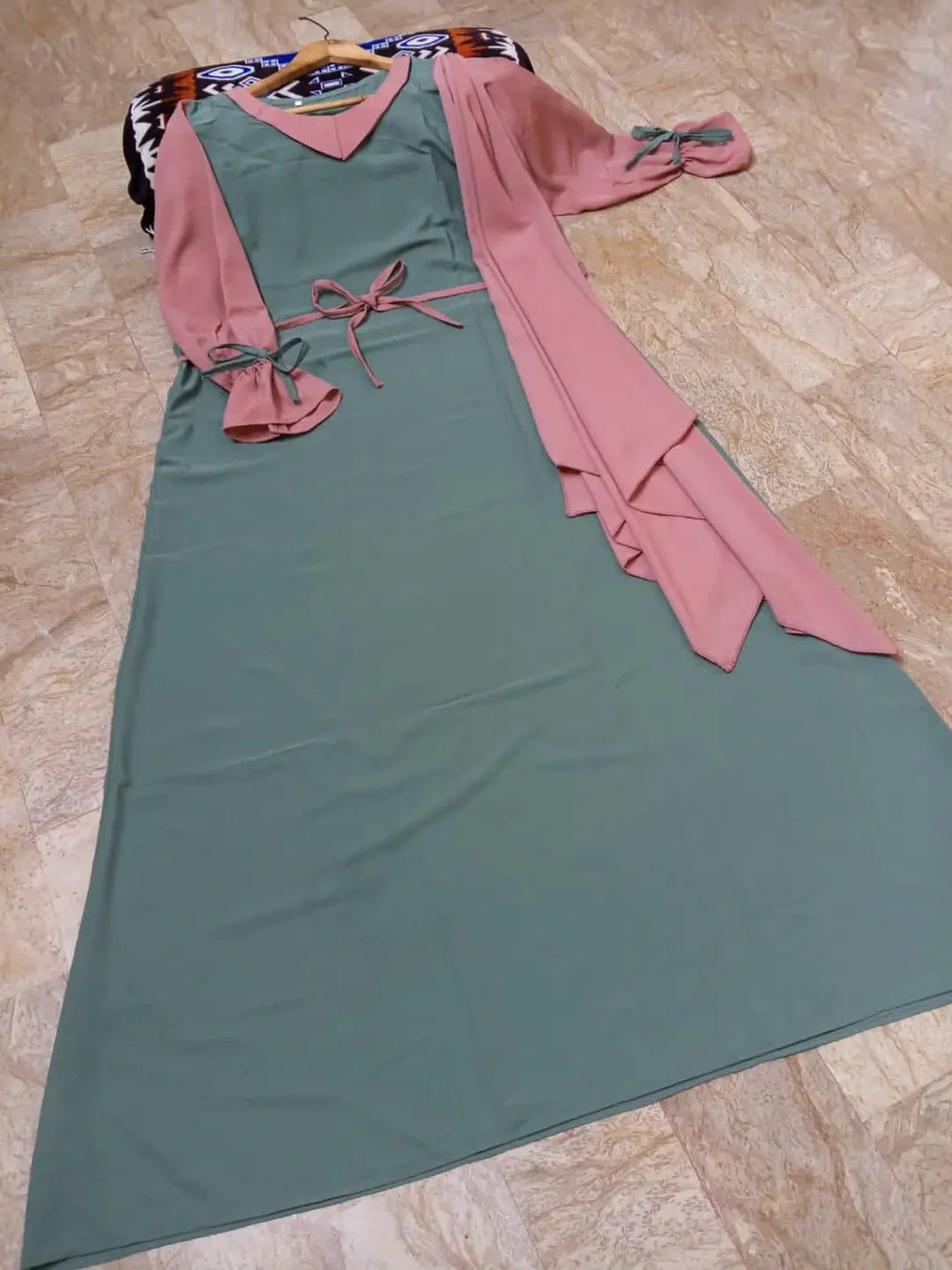 Abaya for Women with Belt & Stroller | Collar Abaya in Soft Wool Peach Fabric | Ready to Wear Abaya - Light Green