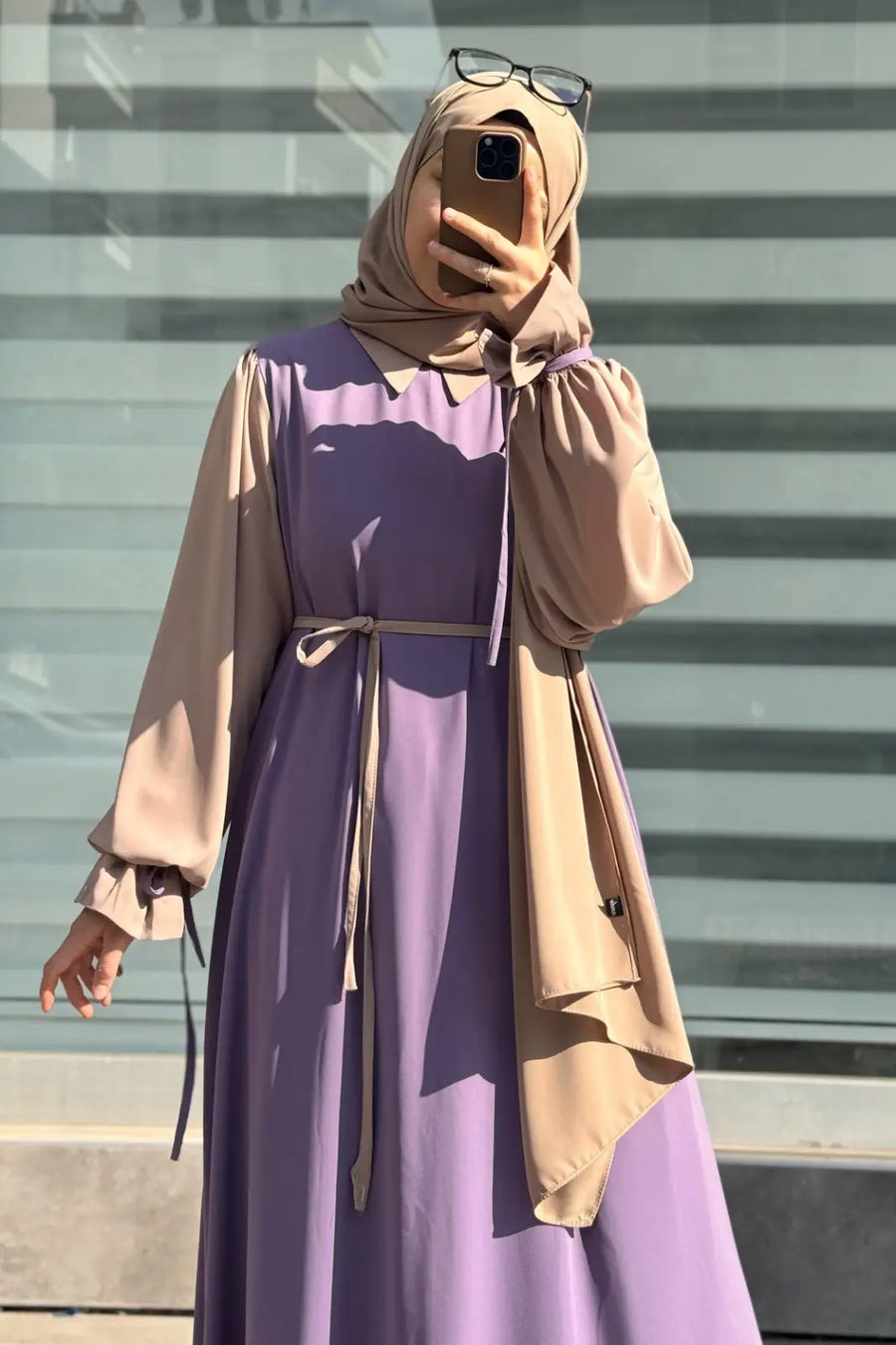 Abaya for Women with Belt & Stroller | Collar Abaya in Soft Wool Peach Fabric | Ready to Wear Abaya