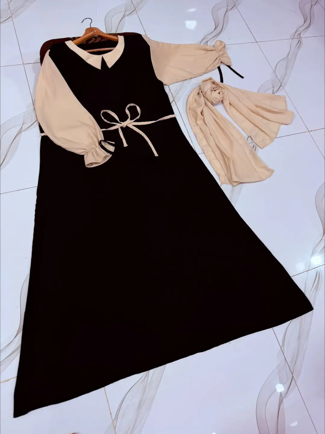 Flared Georgette Abaya with Puff Sleeves & Dori Belt