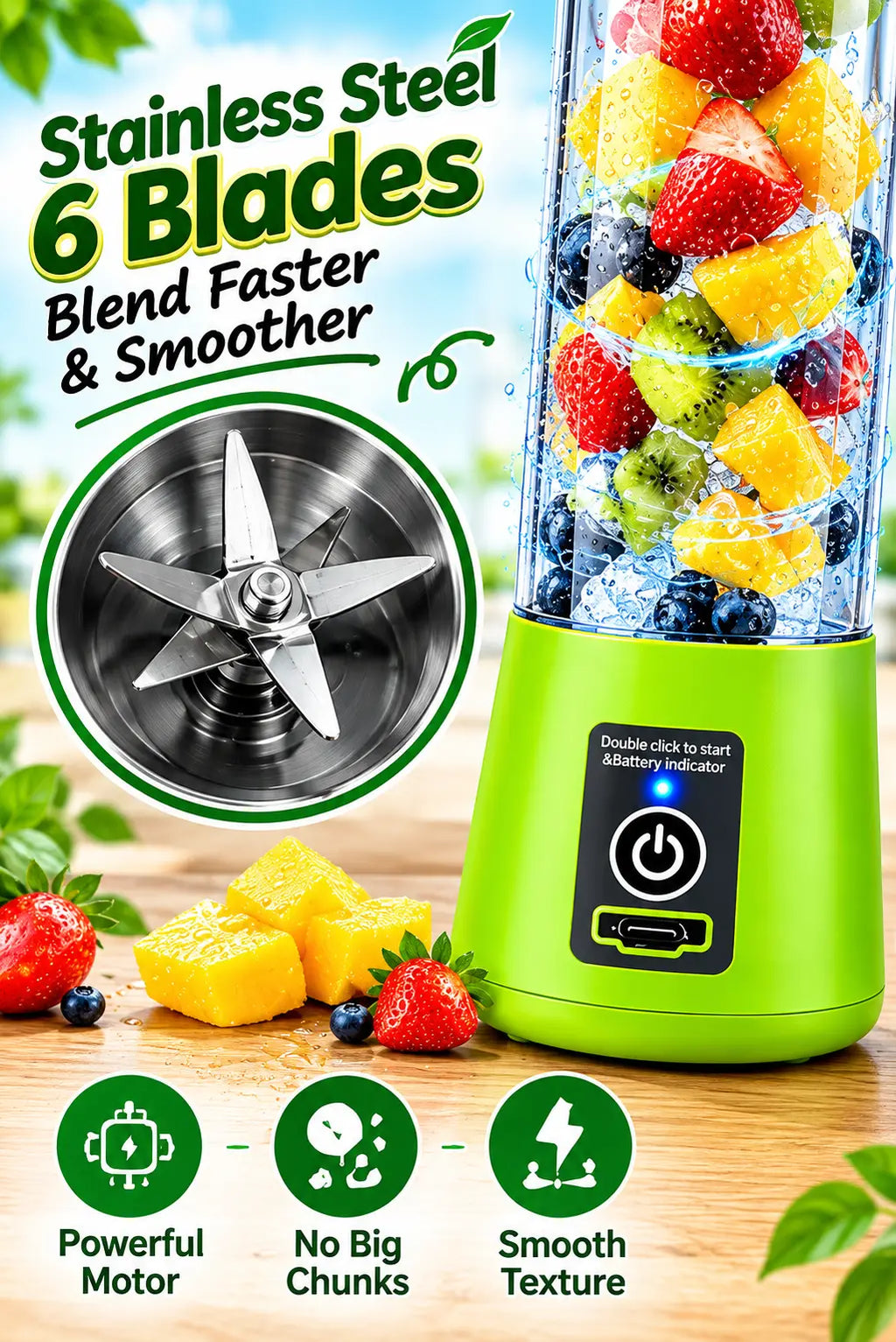 Portable Electric Juicer Blender 380ml – Rechargeable USB Mini Smoothie Maker, Portable Juice & Shake Blender with Powerful Blades for Home, Office, Gym & Travel