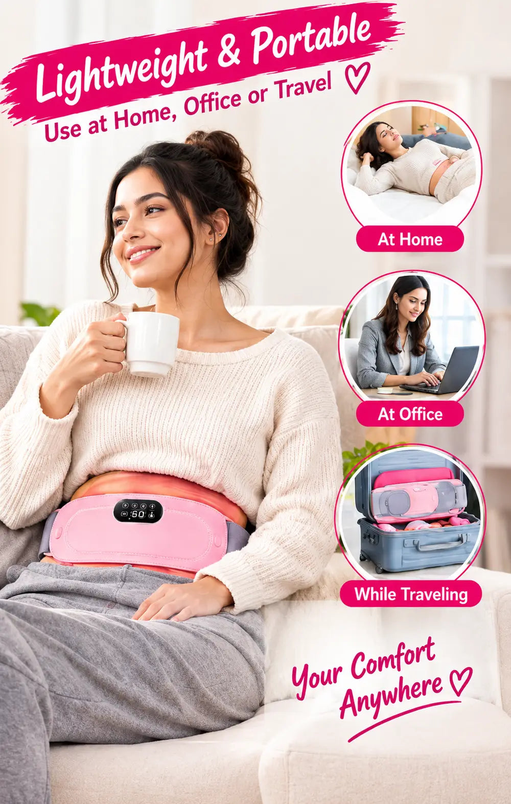 Electric Heating Belt for Menstrual Cramps, Back Pain & Muscle Relaxation – USB Rechargeable Heat Therapy Belt with 3 Heat Settings & LED Display