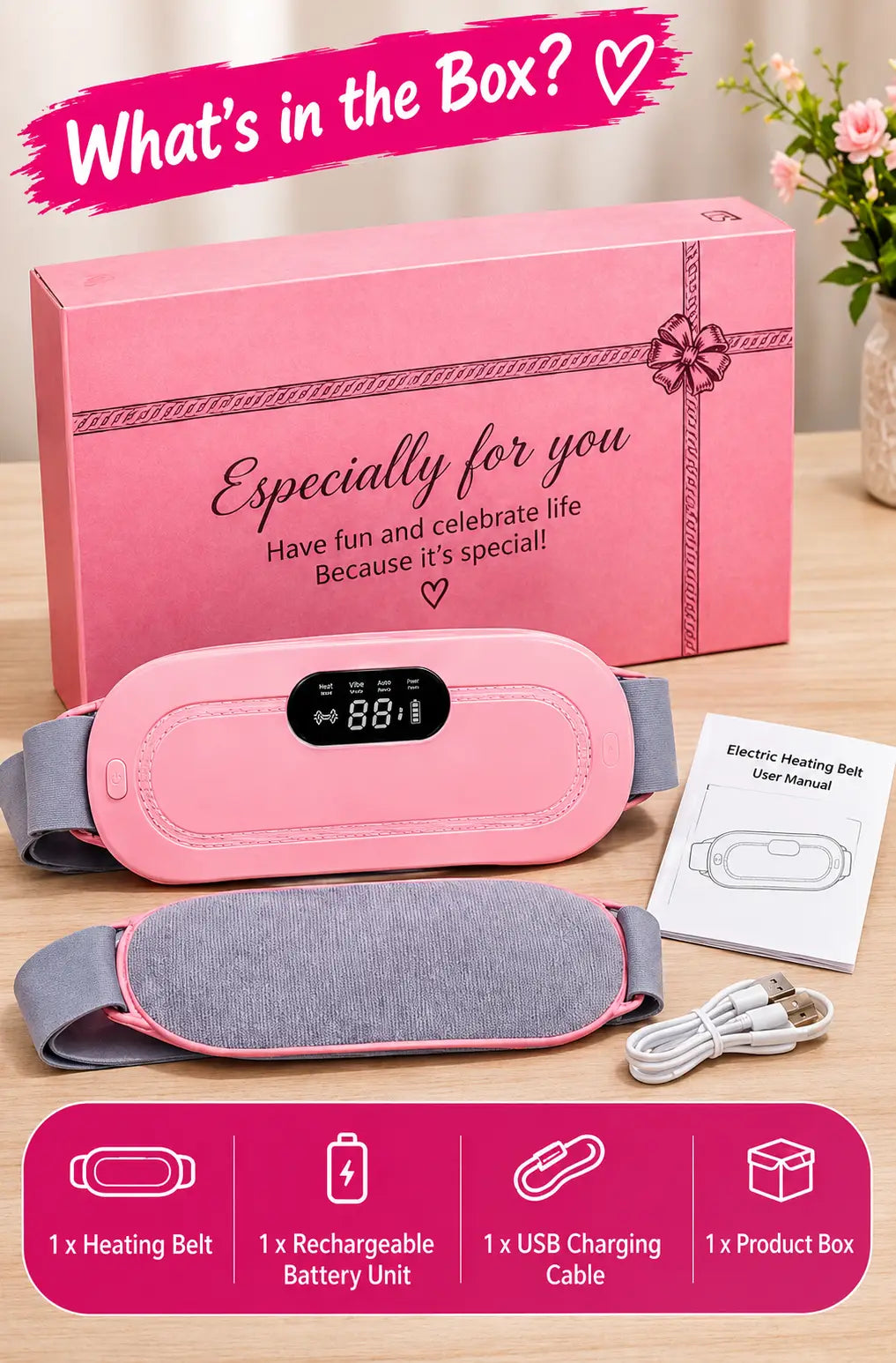 Electric Heating Belt for Menstrual Cramps, Back Pain & Muscle Relaxation – USB Rechargeable Heat Therapy Belt with 3 Heat Settings & LED Display