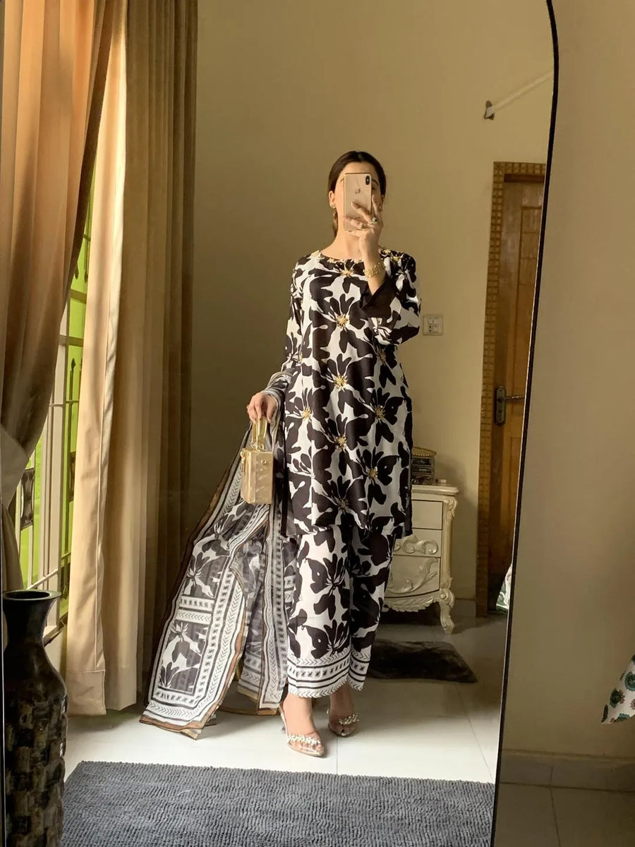 Black & White Printed Kurta Set with Shawl for Women