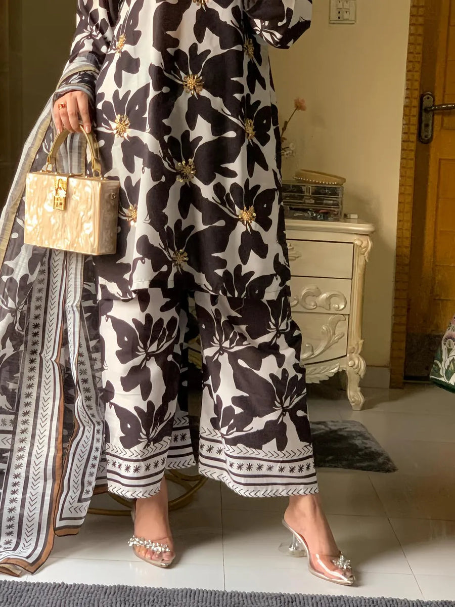 Black & White Printed Kurta Set with Shawl for Women