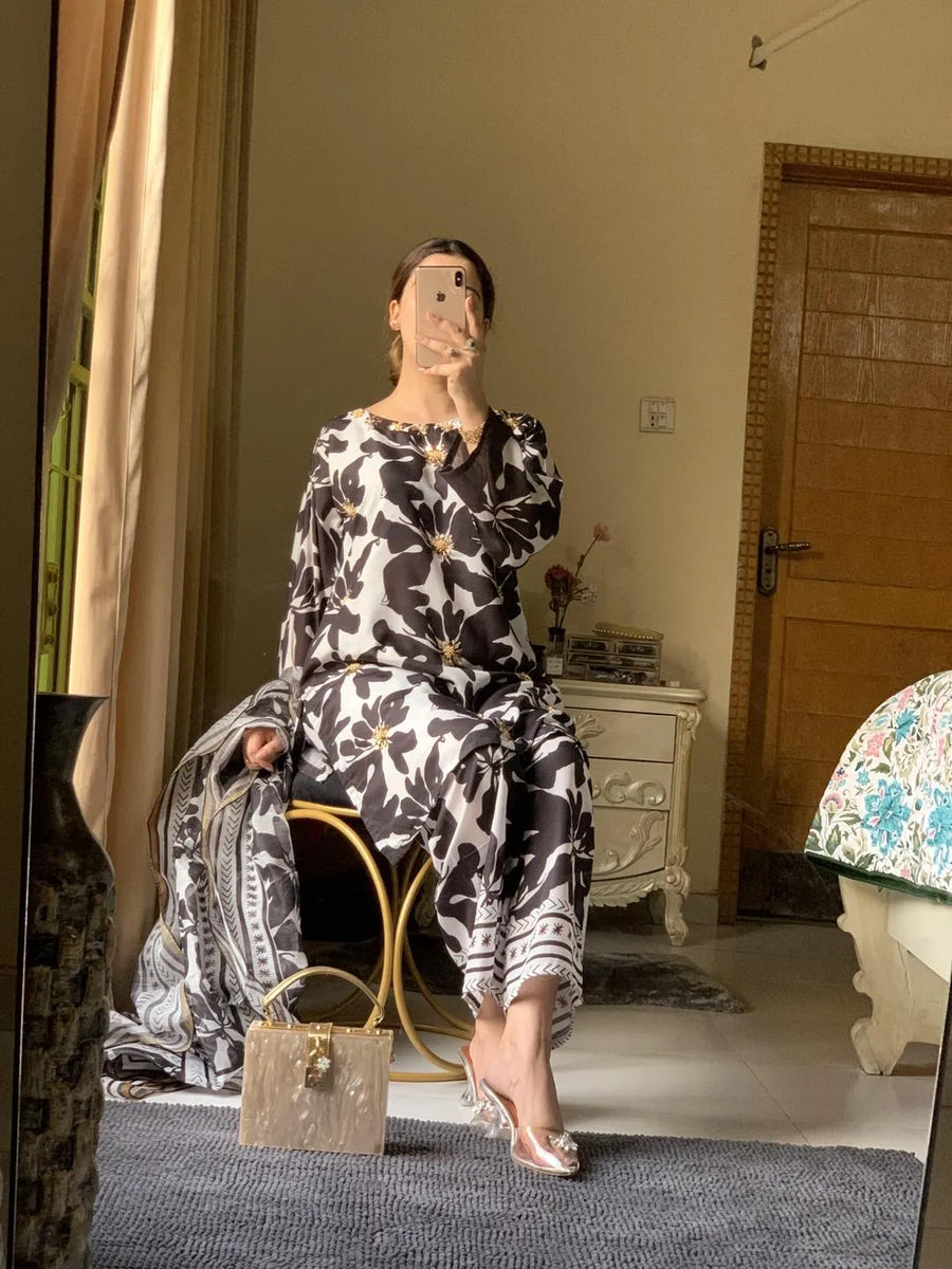 Black & White Printed Kurta Set with Shawl for Women