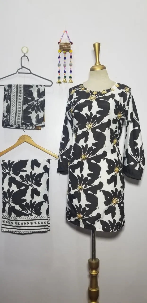 Black & White Printed Kurta Set with Shawl for Women