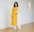 Women Yellow Polka Dot Kurta Set with White Dupatta