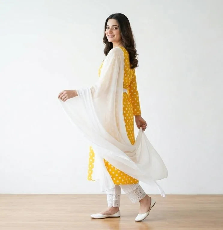 Women Yellow Polka Dot Kurta Set with White Dupatta