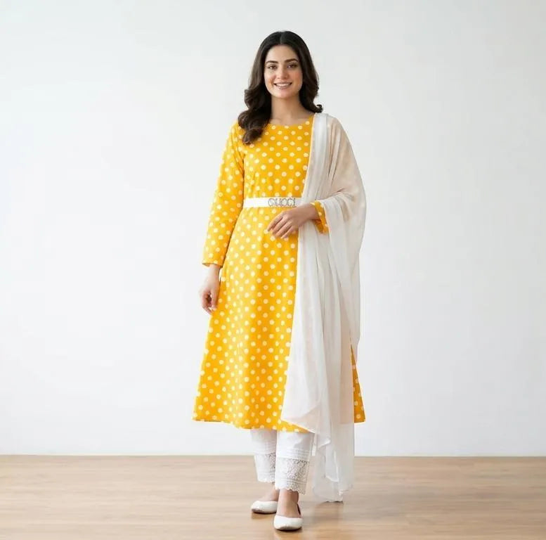 Women Yellow Polka Dot Kurta Set with White Dupatta