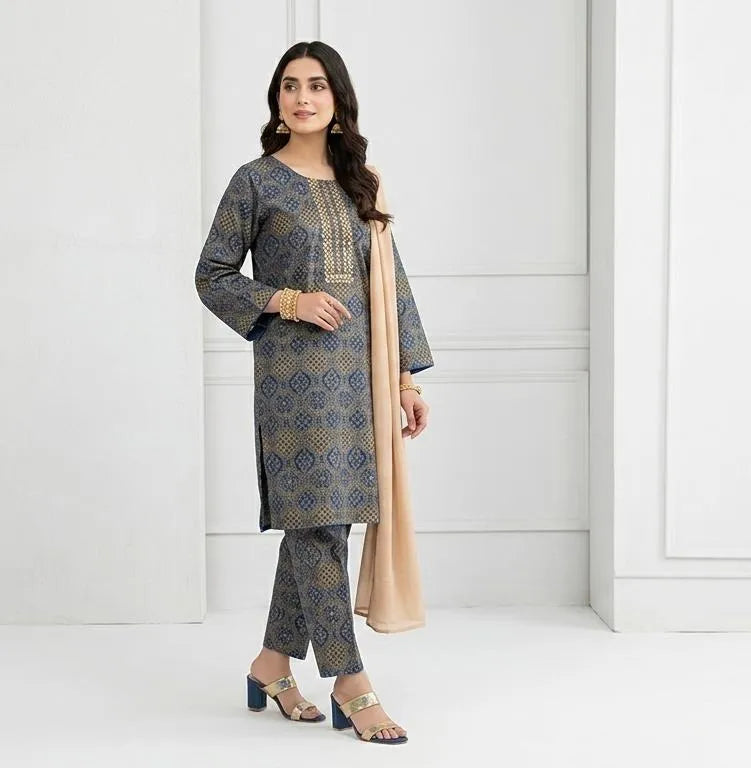 Grey Block Printed 3Pcs Arabic Lawn Set