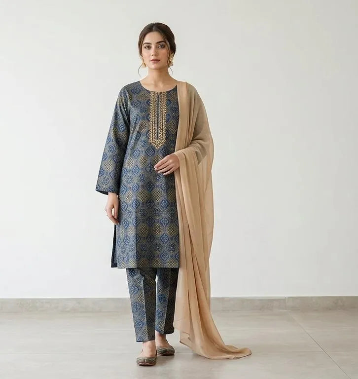 Grey Block Printed 3Pcs Arabic Lawn Set