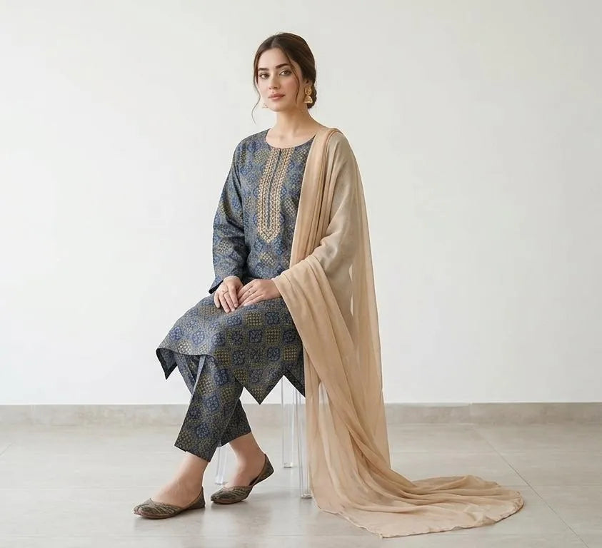 Grey Block Printed 3Pcs Arabic Lawn Set