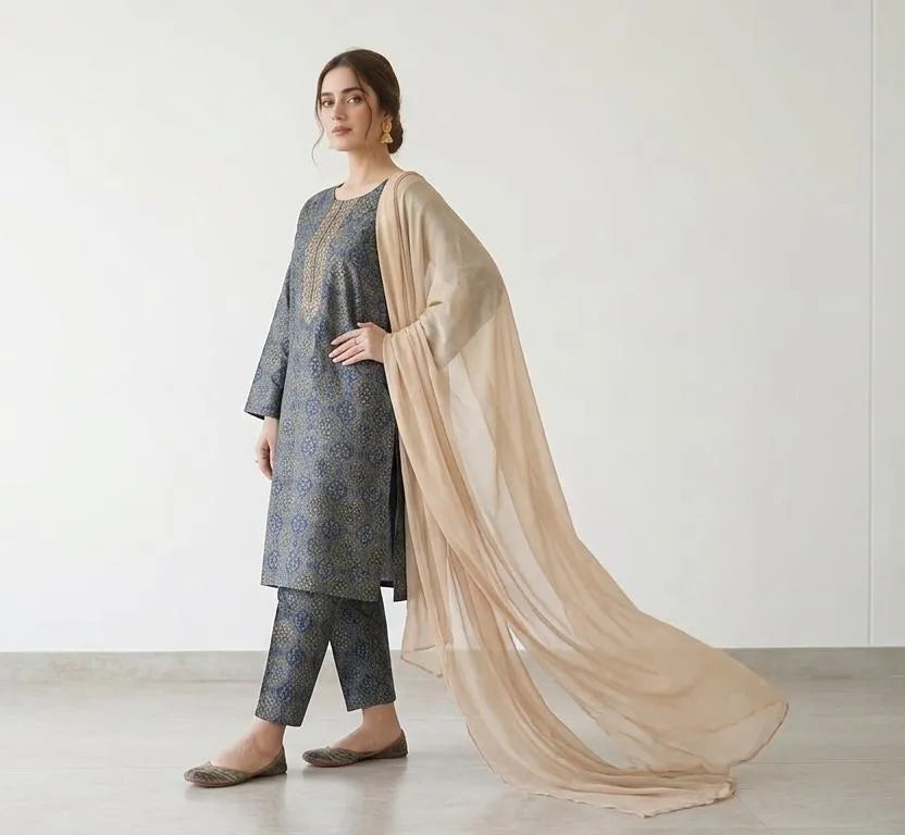 Grey Block Printed 3Pcs Arabic Lawn Set