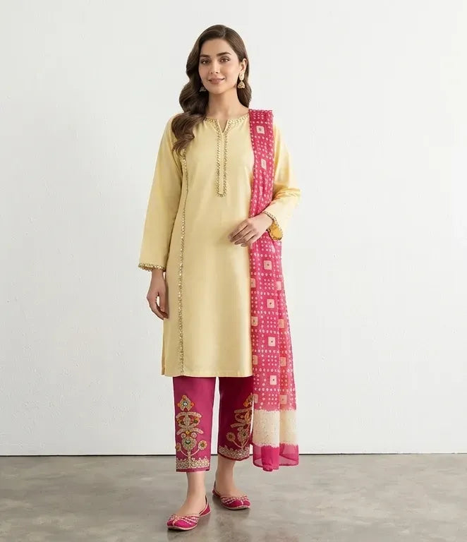 Pakistani Women's Yellow Kurta Set with Embroidered Pajama and Scarf