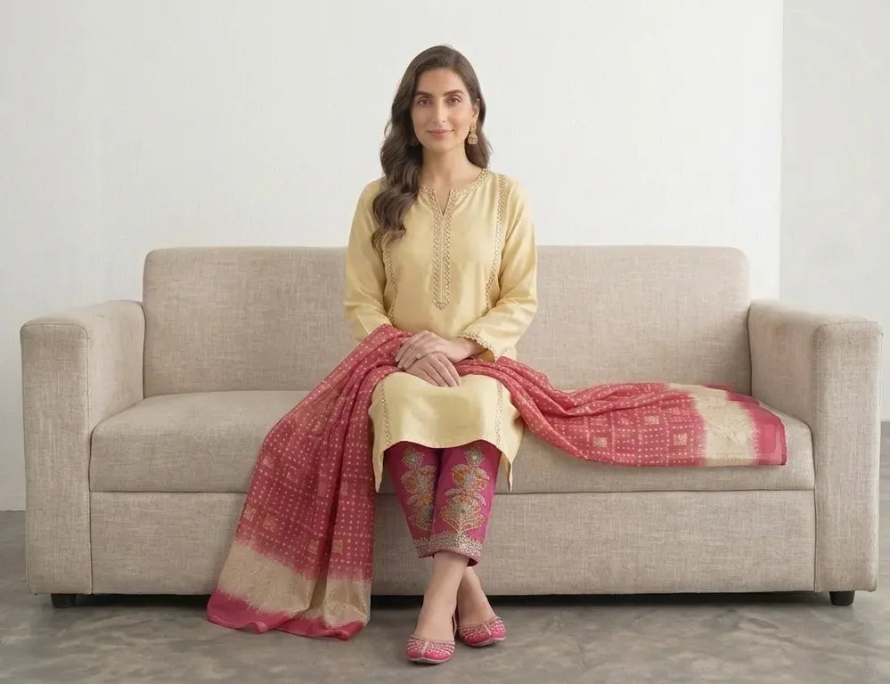 Pakistani Women's Yellow Kurta Set with Embroidered Pajama and Scarf