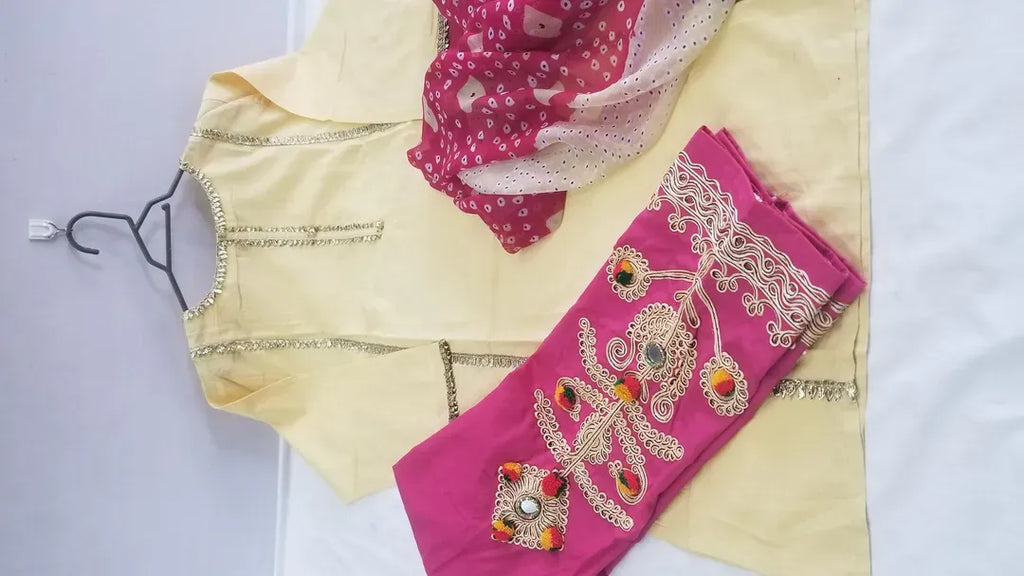 Pakistani Women's Yellow Kurta Set with Embroidered Pajama and Scarf