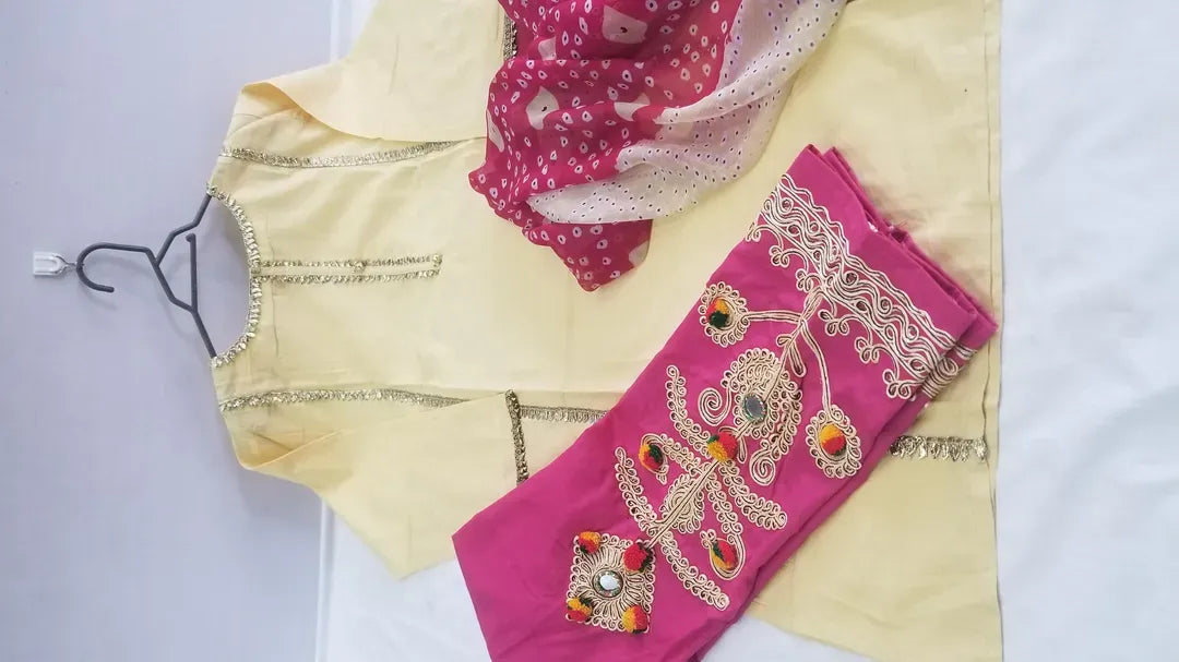 Pakistani Women's Yellow Kurta Set with Embroidered Pajama and Scarf