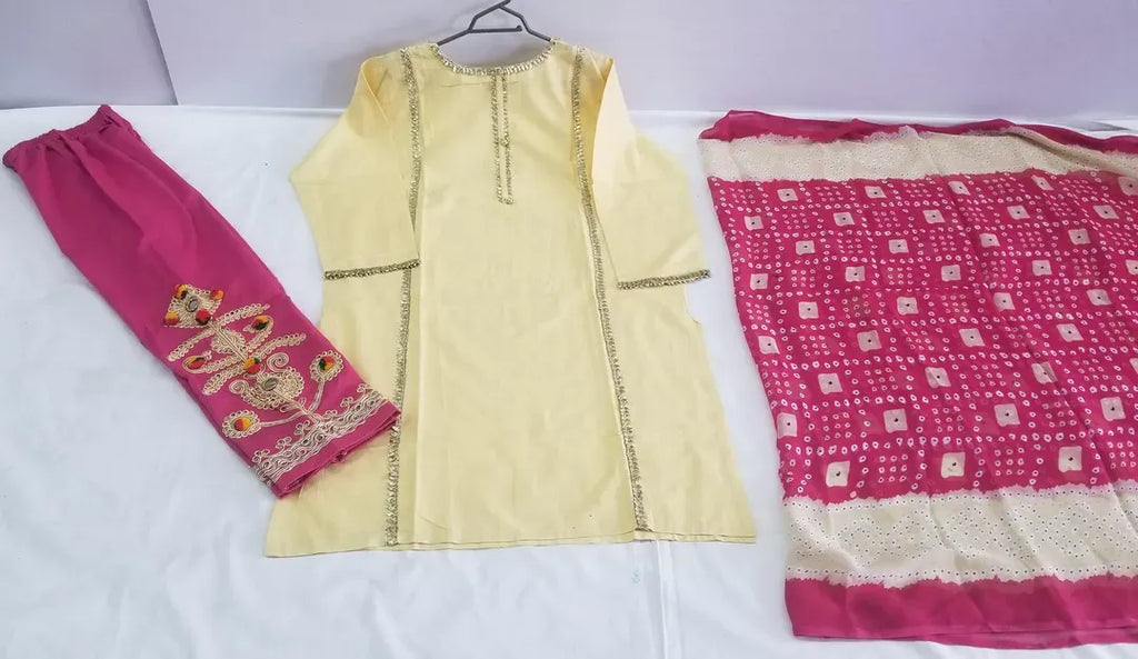 Pakistani Women's Yellow Kurta Set with Embroidered Pajama and Scarf