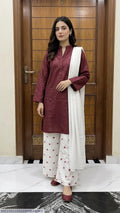 3Pcs Women's Stitched Cotton Lawn Block Printed Suit Viral Heart Printed with Lace