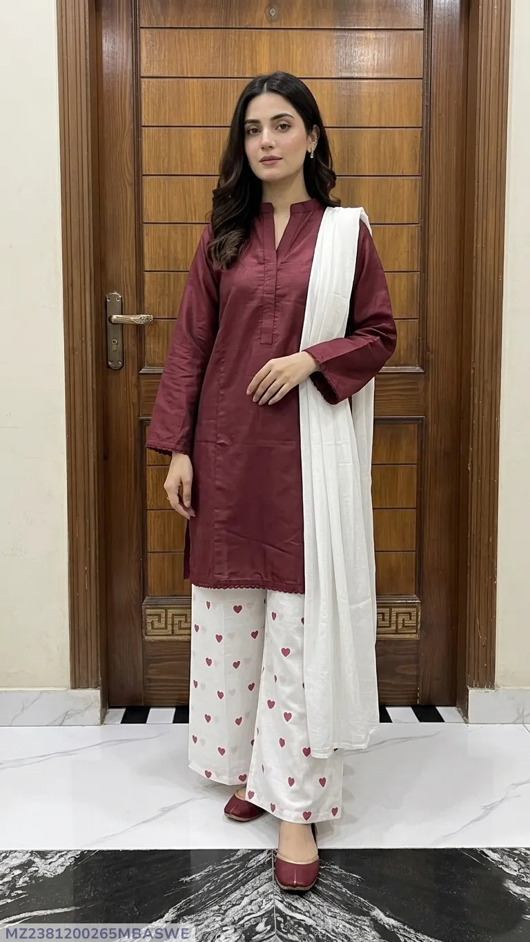 3Pcs Women's Stitched Cotton Lawn Block Printed Suit Viral Heart Printed with Lace