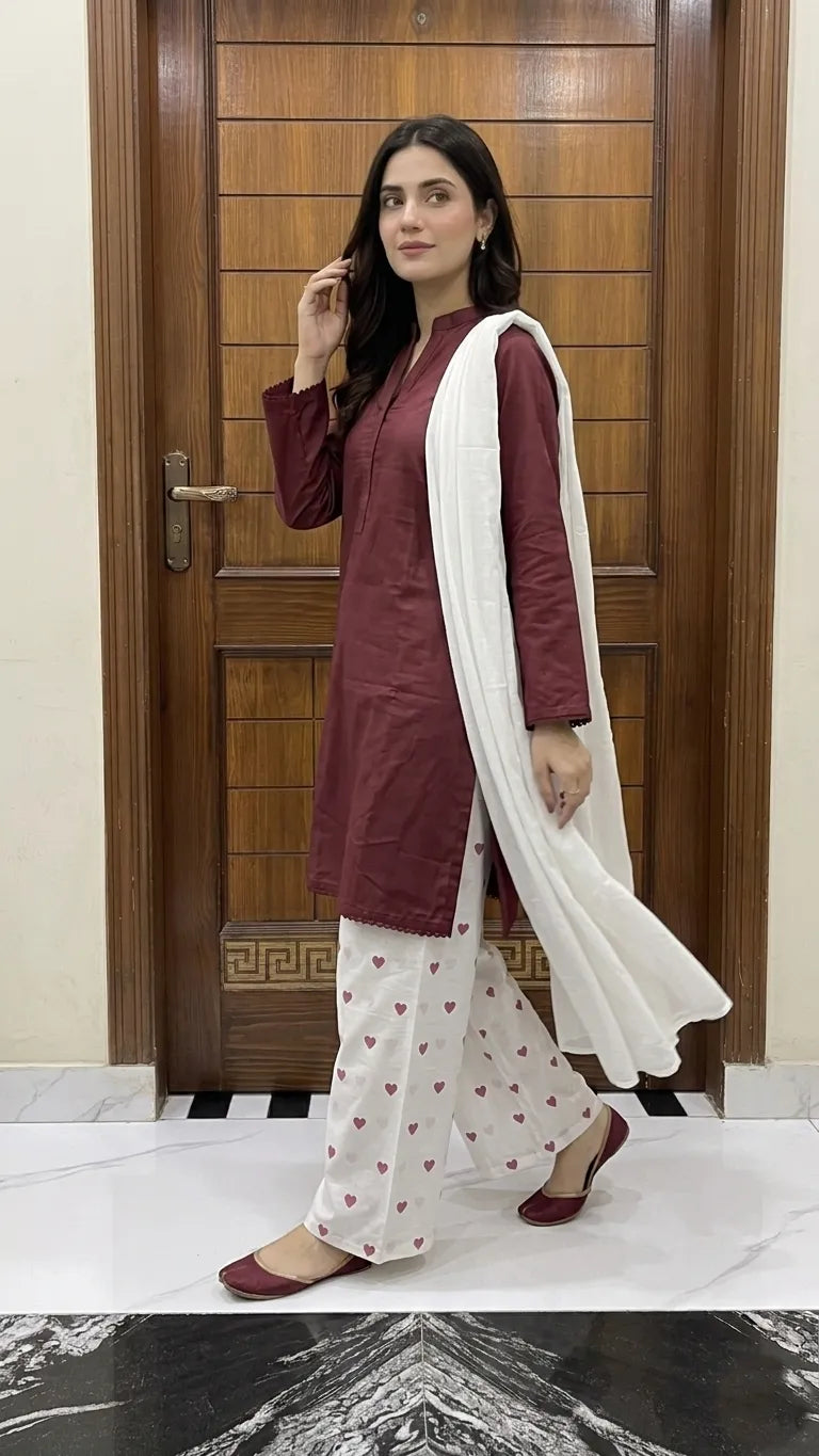 3Pcs Women's Stitched Cotton Lawn Block Printed Suit Viral Heart Printed with Lace