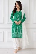 3 Pcs Women's Stitched Arabic Lawn Block Printed Suit with Shalwar