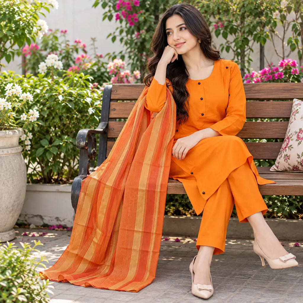 3 Pcs Women's Stitched Linen Plain Suit with Argenza Dupatta
