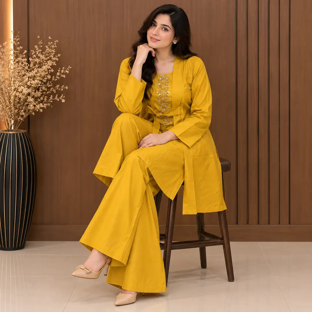3 Pcs Women's Stitched Linen Printed Gown Suit
