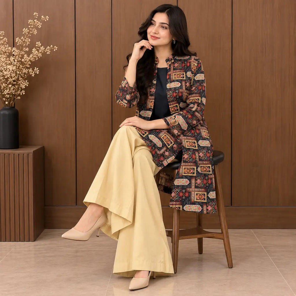 3 Pcs Women's Stitched Linen Printed Gown Suit