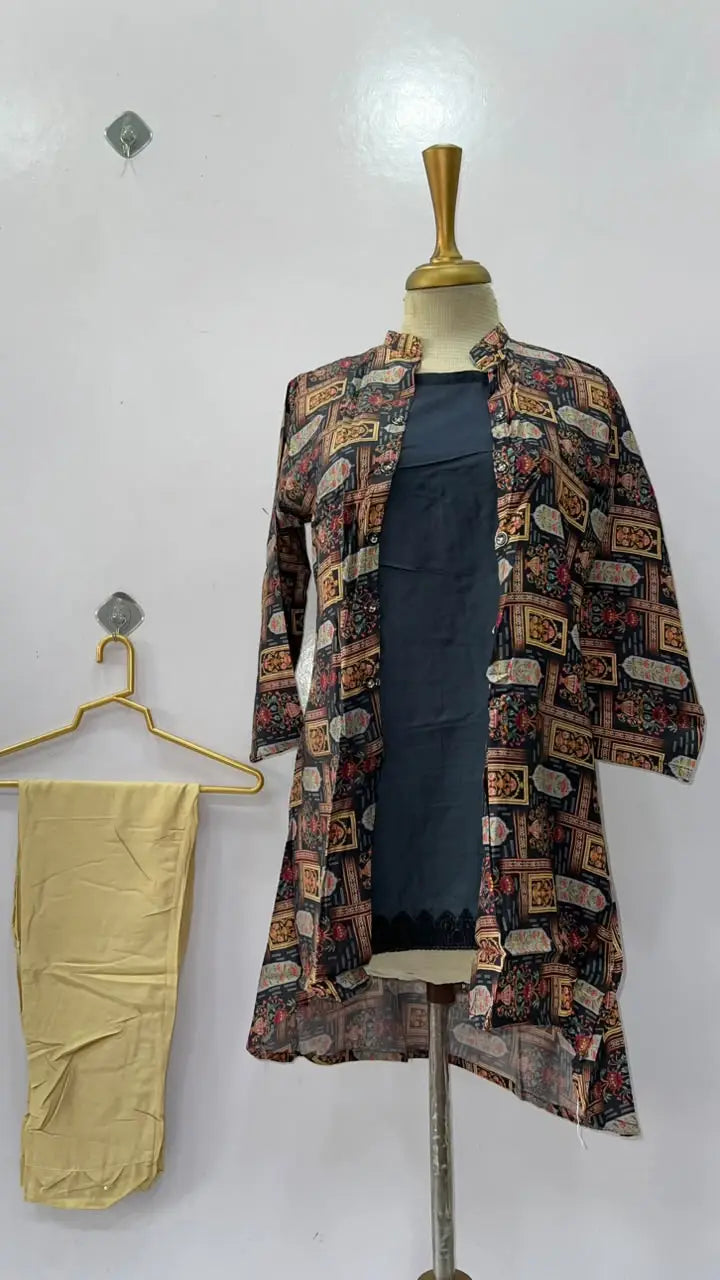 3 Pcs Women's Stitched Linen Printed Gown Suit